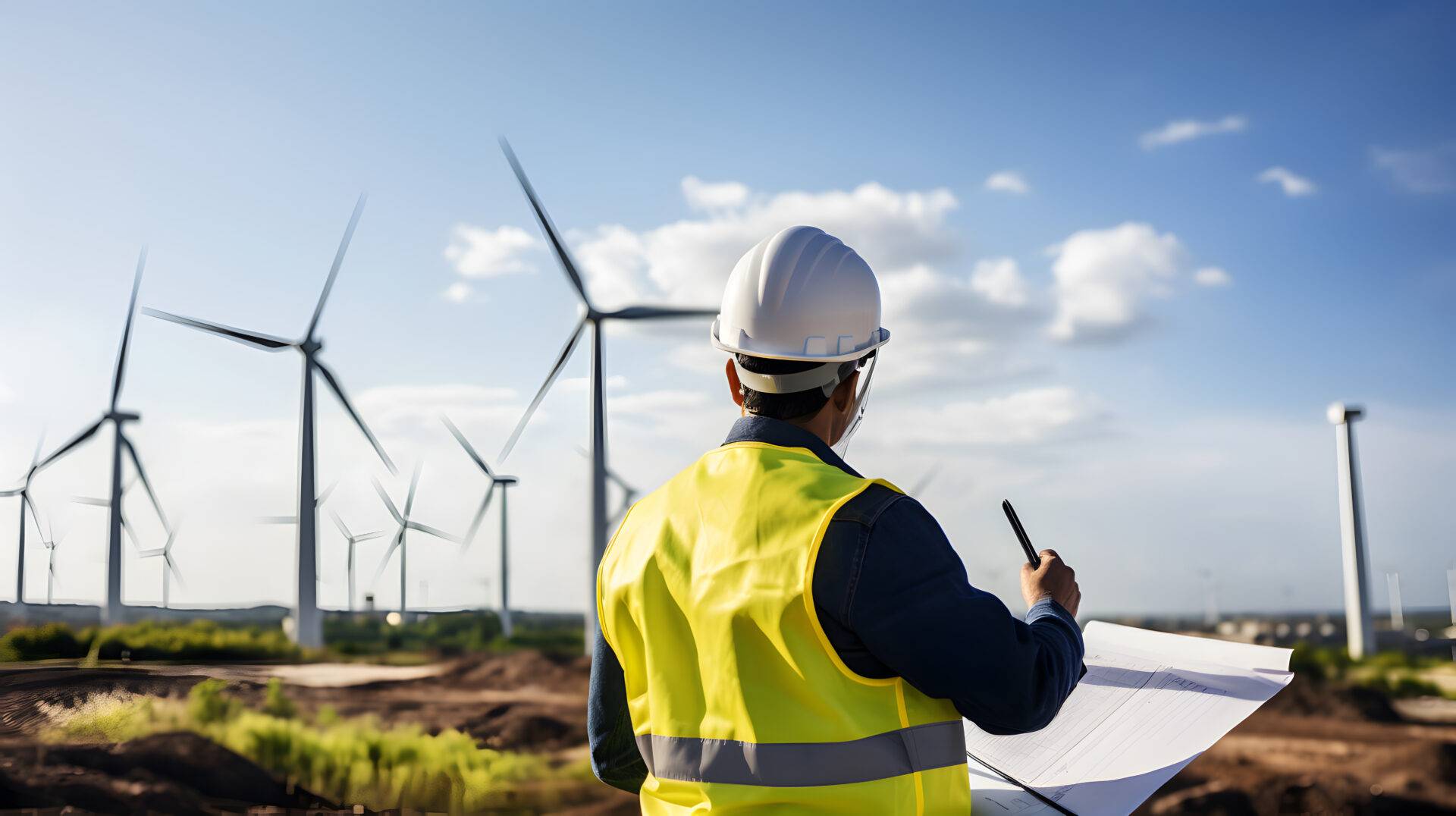 Photo capturing a male engineer wearing a yellow west ans helmet