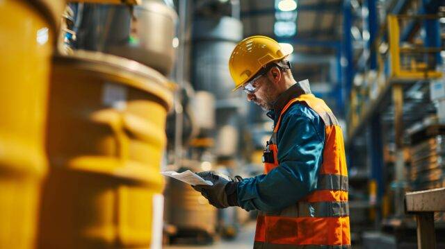 A laborer inspects the hazardous substance data sheet in the chemical storage section of the factory, taking safety precautions.