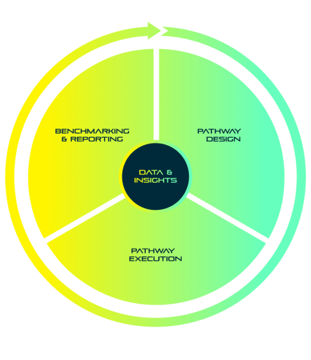 Circular diagram showing data, reporting, design, execution working together