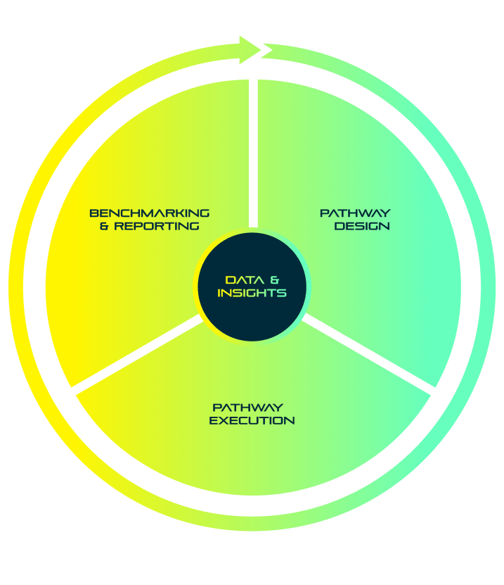 Circular diagram showing data, reporting, design, execution working together